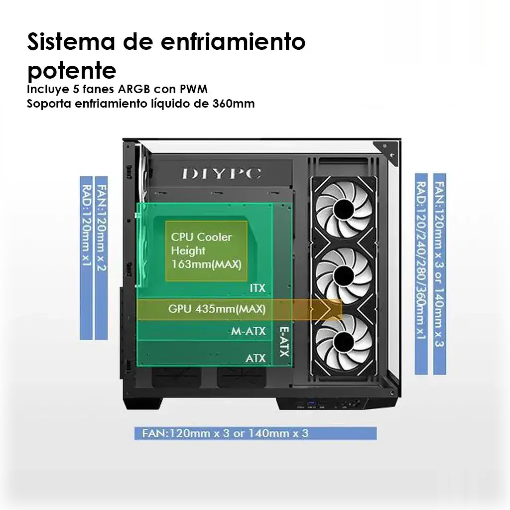 Chasis Gaming DIYPC ARGB DC800 BK Panorámico ARGB con 5 Ventiladores E-ATX's photo #4