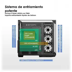 Chasis Gaming DIYPC ARGB DC800 BK Panorámico ARGB con 5 Ventiladores E-ATX miniatura 5